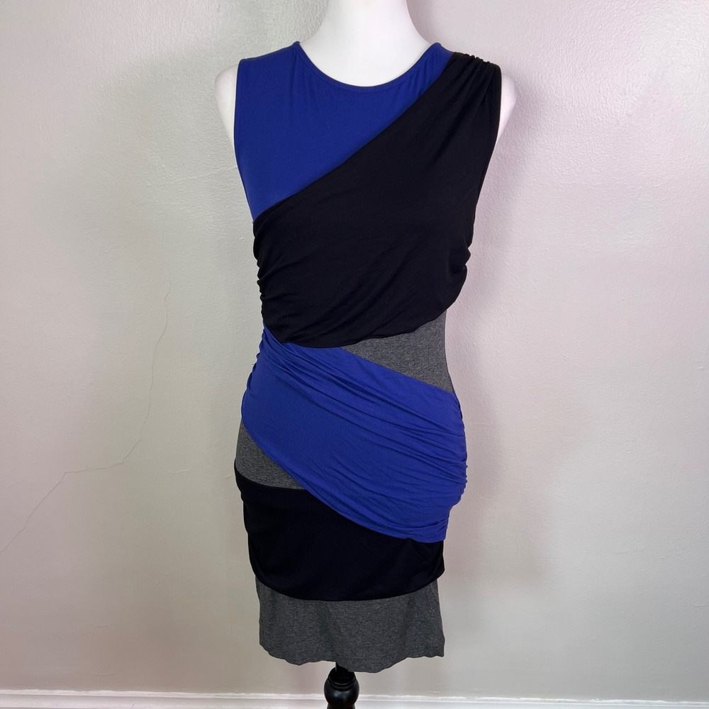 Mango Colorblock Ruched Sheath Dress Medium Blue Black Grey Sleeveless Bodycon